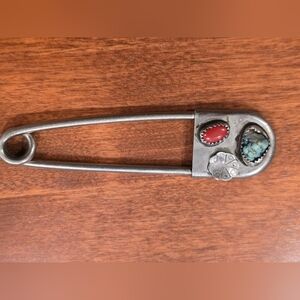 Vtg Native American Silver Blue Stone Coral Giant 3 3/8" Safety Pin Key Ring